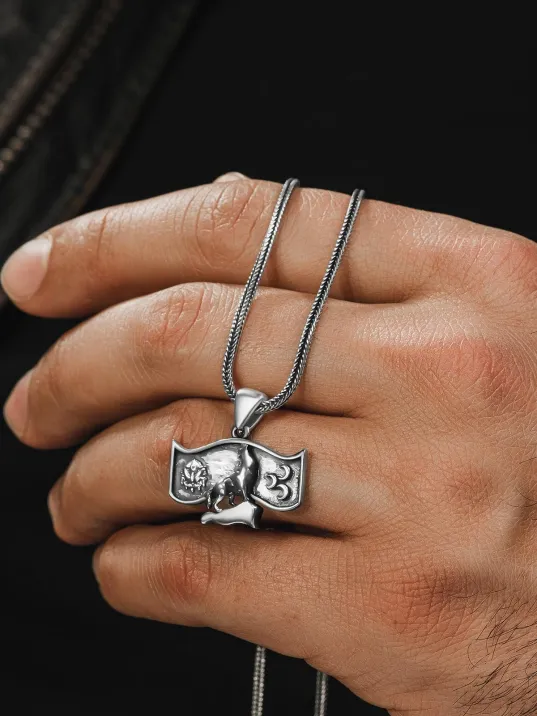 Erkek Gümüş Kolye - Osmanlı Devleti Arması Üç Hilal Bozkurt İşlemeli Tilki Kuyruğu Zincir Erkek Gümüş Kolye