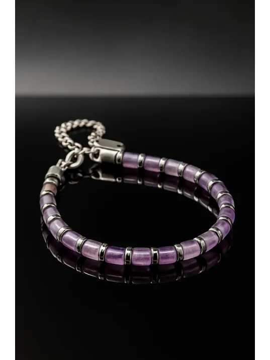 Erkek Çelik Bileklik - Mor Ametist Taşlı Çelik Bileklik