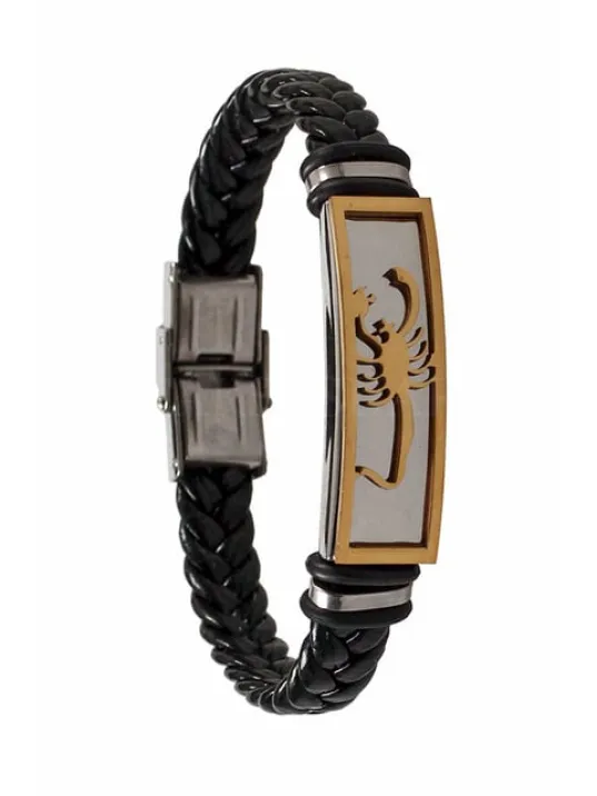 Erkek Çelik Bileklik - Akrepli Örgülü Deri Erkek Çelik Bileklik