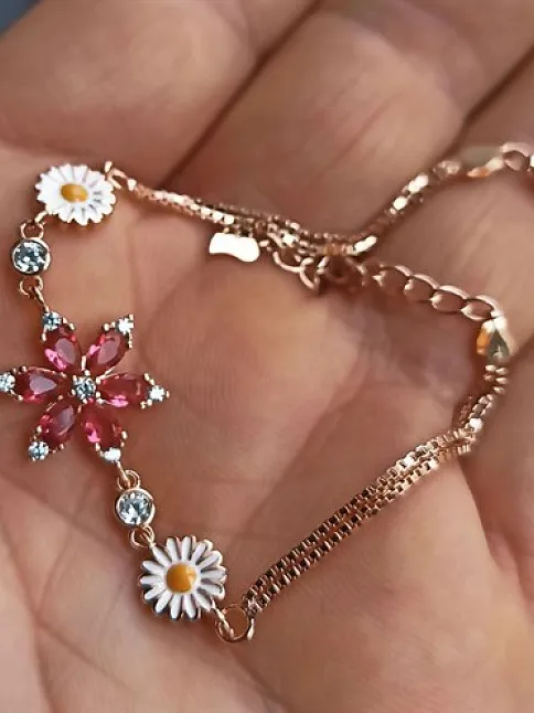 Rose Rengi Nergis Çiçeği Zirkon Taşlı Bayan Gümüş Bileklik