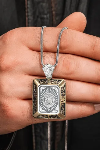 925 Ayar Gümüş Kare 35 Besmele Duası İşlemeli Kolye Tilki Kuyruğu Zincirli Model