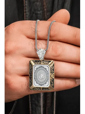 925 Ayar Gümüş Kare 35 Besmele Duası İşlemeli Kolye Tilki Kuyruğu Zincirli Model