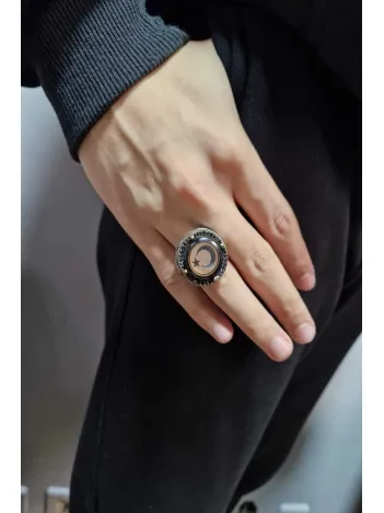 Erkek Gümüş Yüzük - Ay Yıldız İşlemeli Siyah Zirkon Taşlı Lüks Erkek Yüzük