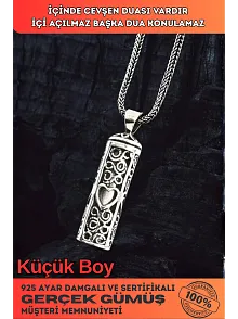 Erkek Gümüş Cevşen Kolye - Kalp Motifli İçi Dualı Erkek Gümüş Cevşen Kolye