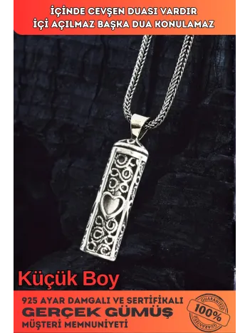 Erkek Gümüş Cevşen Kolye - Kalp Motifli İçi Dualı Erkek Gümüş Cevşen Kolye