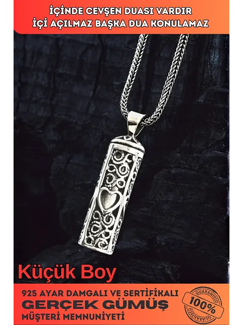 Erkek Gümüş Cevşen Kolye - Kalp Motifli İçi Dualı Erkek Gümüş Cevşen Kolye