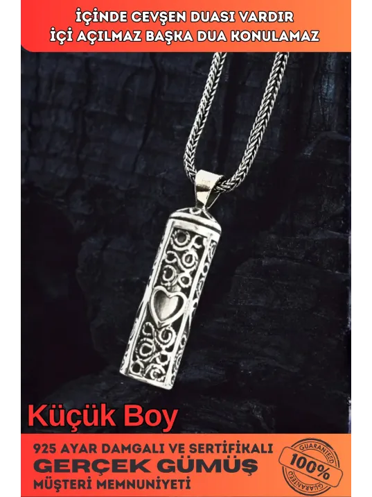 Erkek Gümüş Cevşen Kolye - Kalp Motifli İçi Dualı Erkek Gümüş Cevşen Kolye