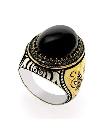 Ay Yıldız Tuğra ve Türk Yazılı Oniks Taşlı Gümüş Erkek Yüzük Ay Yıldız Tuğra ve Türk Yazılı Oniks Taşlı Gümüş Erkek Yüzük