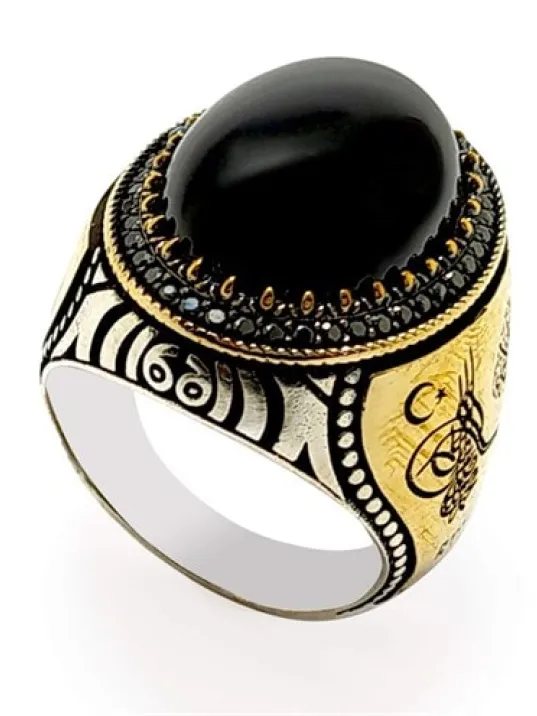 Ay Yıldız Tuğra ve Türk Yazılı Oniks Taşlı Gümüş Erkek Yüzük Ay Yıldız Tuğra ve Türk Yazılı Oniks Taşlı Gümüş Erkek Yüzük