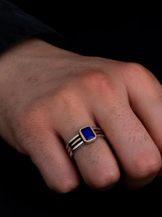 Erkek Gümüş Yüzük - Lacivert Safir Taşlı İnce Kibar Erkek Yüzüğü