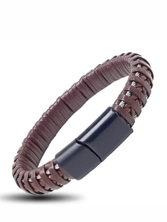 Kahverengi Örme Deri Erkek Bileklik
