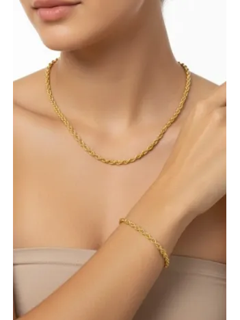 Kadın Gümüş Bileklik Kolye Set - 22 Ayar Altın 2.5mm Kaplama Burma Halat Gümüş Zincir Set