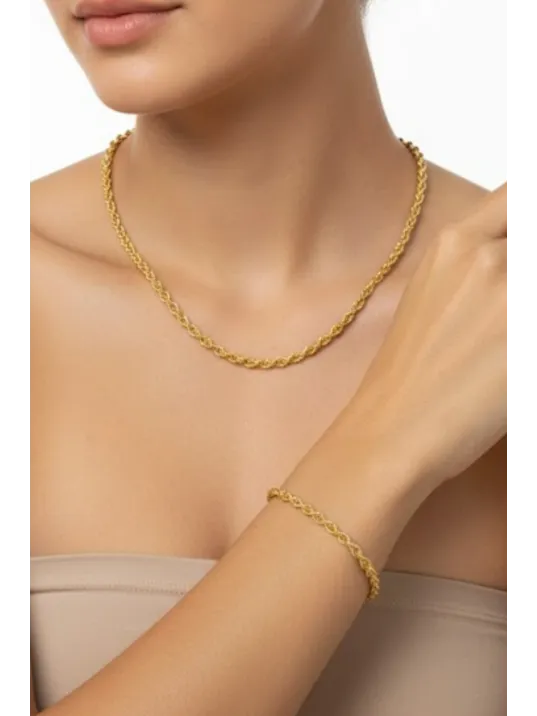 Kadın Gümüş Bileklik Kolye Set - 22 Ayar Altın 2.5mm Kaplama Burma Halat Gümüş Zincir Set Kadın Gümüş Bileklik Kolye Set - 22 Ayar Altın 2.5mm Kaplama Burma Halat Gümüş Zincir Set