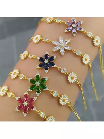 Altın Kaplama Nergis Çiçeği Zirkon Taşlı Bayan Gümüş Bileklik-Pembe