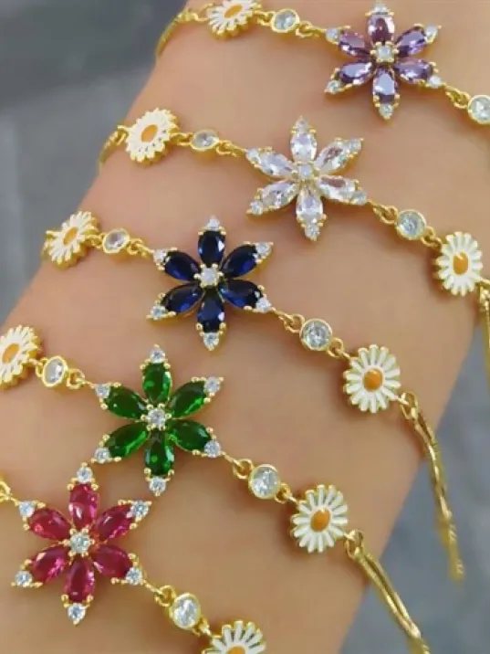 Altın Kaplama Nergis Çiçeği Zirkon Taşlı Bayan Gümüş Bileklik-Lacivert