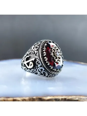 Vav Elif İşlemeli Kırmızı Zirkon Taşlı Erkek Gümüş Yüzük  GYZGMSGUMSH