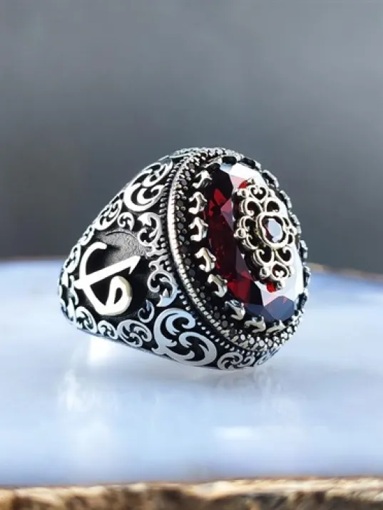Vav Elif İşlemeli Kırmızı Zirkon Taşlı Erkek Gümüş Yüzük  GYZGMSGUMSH