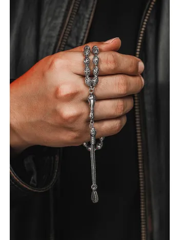 Erkek Tesbih - Meftun Oksitli 925 Ayar Gümüş Erkek Tespih Orta Boy 25gr