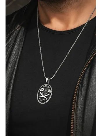 Erkek Gümüş Kolye - Oval Çift Vav Sembollü Erkek Gümüş Kolye
