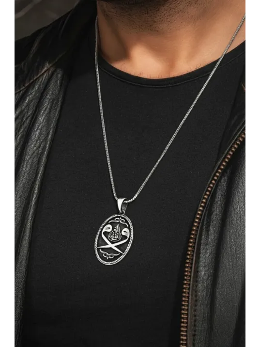 Erkek Gümüş Kolye - Oval Çift Vav Sembollü Erkek Gümüş Kolye