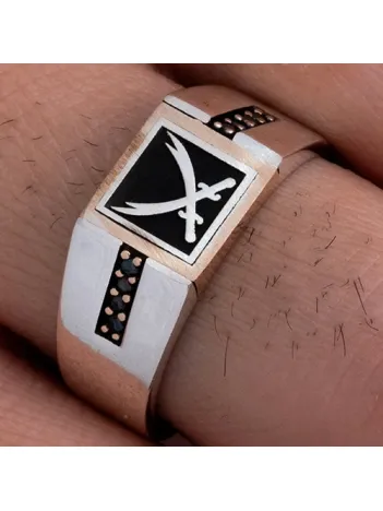 Erkek Gümüş Yüzük - Çift Zülfikarlı Siyah Taşlı İnce Kibar Erkek Yüzüğü