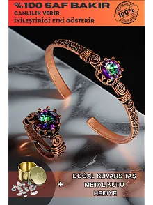Kadın Bakır Bileklik Yüzük Set - Mistik Topaz Model 2 Ağaç Kabuğu Model İnce Metal Kutu Kuvars Taşlı