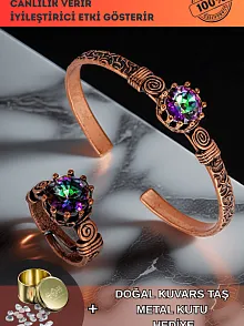 Kadın Bakır Bileklik Yüzük Set - Mistik Topaz Model 2 Ağaç Kabuğu Model İnce Metal Kutu Kuvars Taşlı