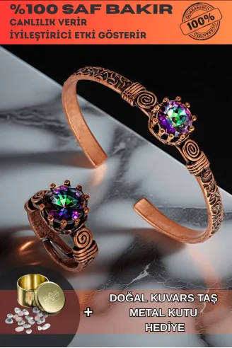 Kadın Bakır Bileklik Yüzük Set - Mistik Topaz Model 2 Ağaç Kabuğu Model İnce Metal Kutu Kuvars Taşlı