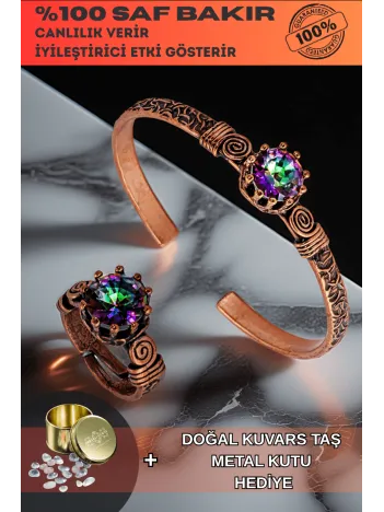 Kadın Bakır Bileklik Yüzük Set - Mistik Topaz Model 2 Ağaç Kabuğu Model İnce Metal Kutu Kuvars Taşlı