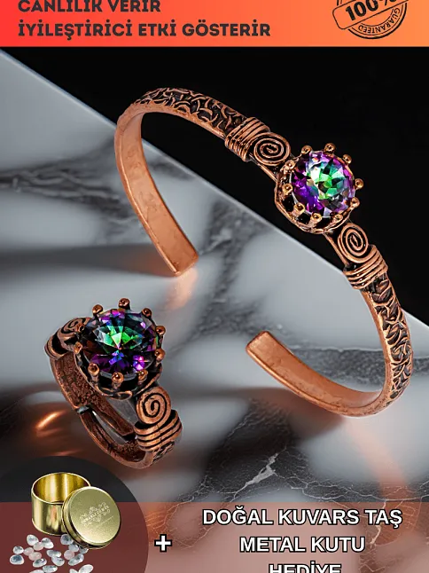 Kadın Bakır Bileklik Yüzük Set - Mistik Topaz Model 2 Ağaç Kabuğu Model İnce Metal Kutu Kuvars Taşlı