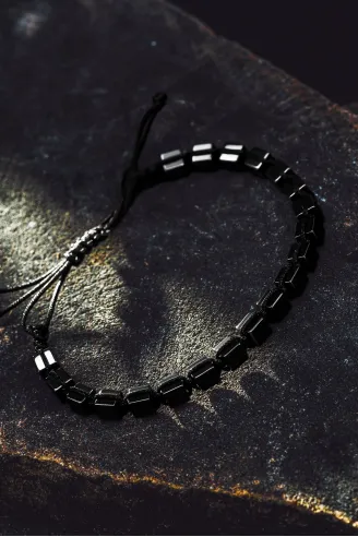 Erkek Kadın Doğal Taş Bileklik - Siyah Hematit Doğal Taşlı Makrome Küp Model Unisex Bileklik