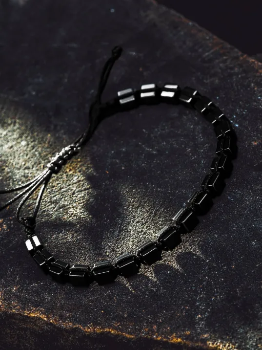Erkek Kadın Doğal Taş Bileklik - Siyah Hematit Doğal Taşlı Makrome Küp Model Unisex Bileklik