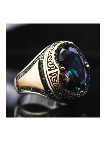 Karışık Renk Mistik Topaz Mikrotaş Işlemeli Özel Seri Erkek Gümüş Yüzük - Ey3099