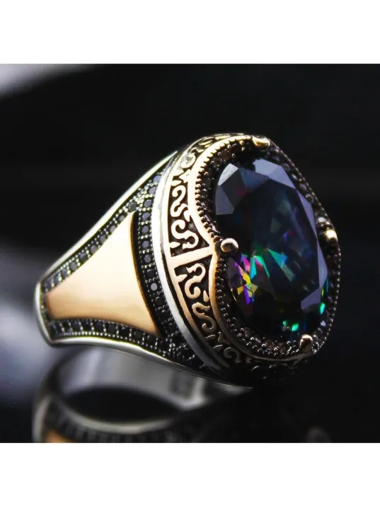 Karışık Renk Mistik Topaz Mikrotaş Işlemeli Özel Seri Erkek Gümüş Yüzük - Ey3099