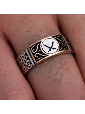 Erkek Gümüş Yüzük - Çift Zülfikar Kılıcı Zincir Motifli İnce Kibar Erkek Yüzüğü