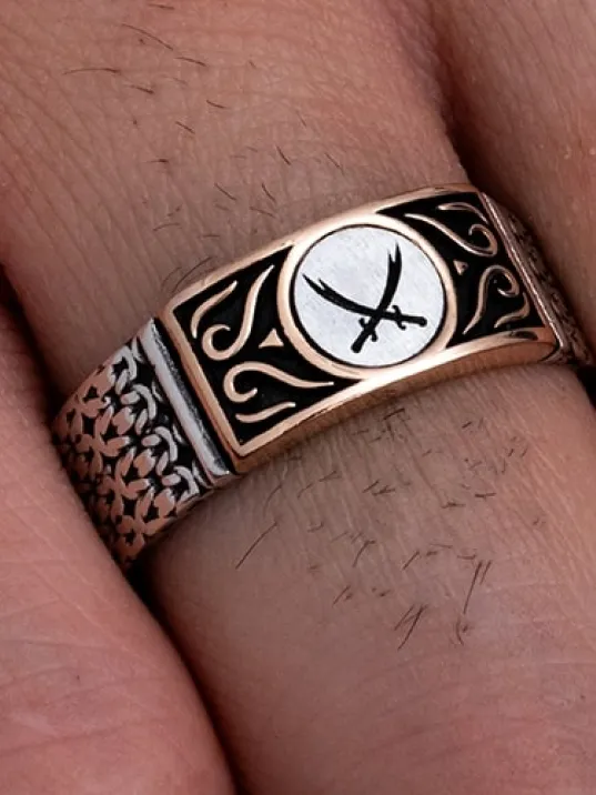 Erkek Gümüş Yüzük - Çift Zülfikar Kılıcı Zincir Motifli İnce Kibar Erkek Yüzüğü