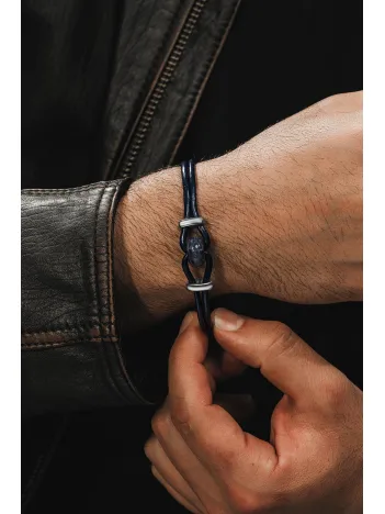 Erkek Çelik Bileklik - Orjinal Lacivert Akik Deri Çelik Erkek Bileklik