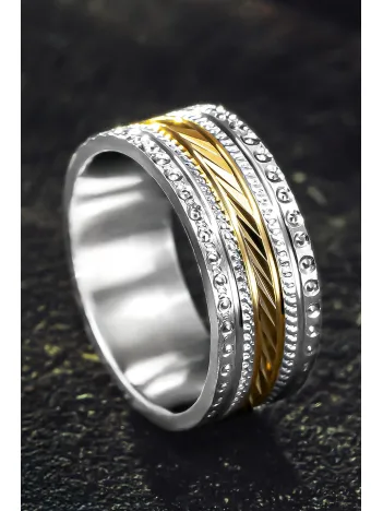 Kadın Gümüş Alyans - Altın Renk Geçişli İşlemeli Kadın Yüzük