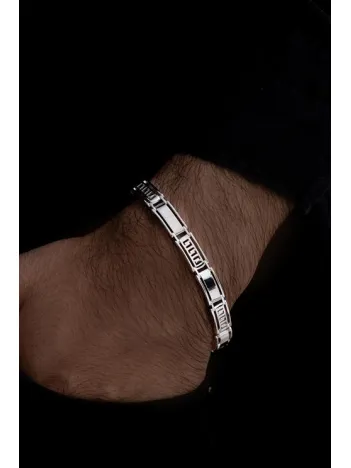 Beyaz Grek Desenli Gümüş Erkek Bileklik Künye