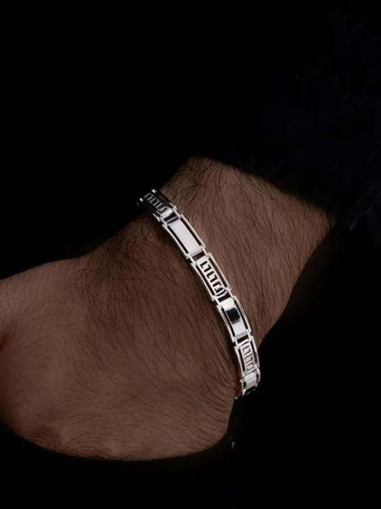 Beyaz Grek Desenli Gümüş Erkek Bileklik Künye