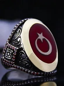 Kırmızı Mineli Ay Yıldız İşlemeli Özel Seri Erkek Gümüş Yüzük