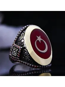 Kırmızı Mineli Ay Yıldız İşlemeli Özel Seri Erkek Gümüş Yüzük