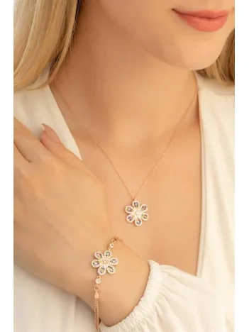 Kadın Gümüş Kolye Bileklik Set - Karışık Renk Çiçek Motifli Gümüş Bileklik Kolye Set