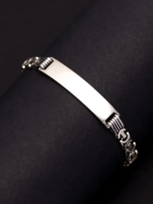 Erkek Gümüş Bileklik - 7 mm Isim Yazılan Gümüş Erkek Bileklik Künye Oksitli Euro Kral Model