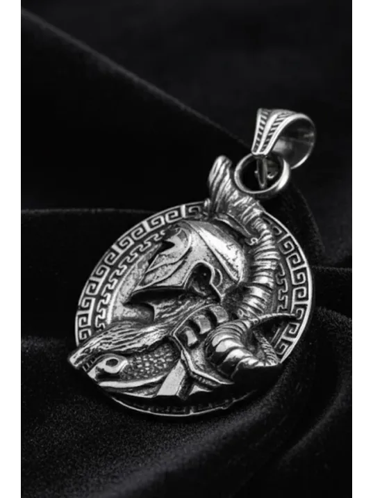 Erkek Gümüş Kolye - 925 Ayar Kabartmalı Savaşçı Gladyatör Motifli Tilki Kuyruğu Zincirli Model Kolye