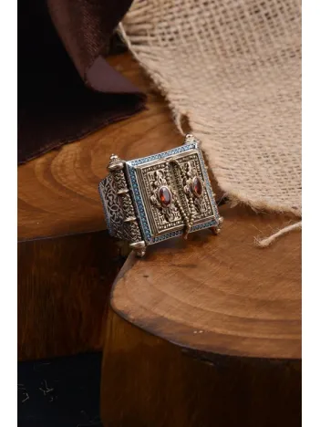 Kitab-ı Kut Turkuaz ve Yakut Taşlı Özel Seri Koleksyonluk Gümüş Erkek Yüzük