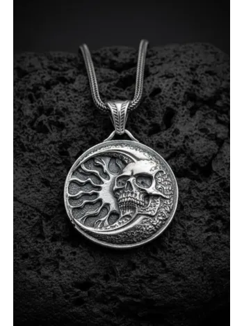Erkek Gümüş Kolye - 925 Ayar Kabartmalı Güneş Ay ve İskelet Motif Tilki Kuyruğu Zincirli Erkek Kolye