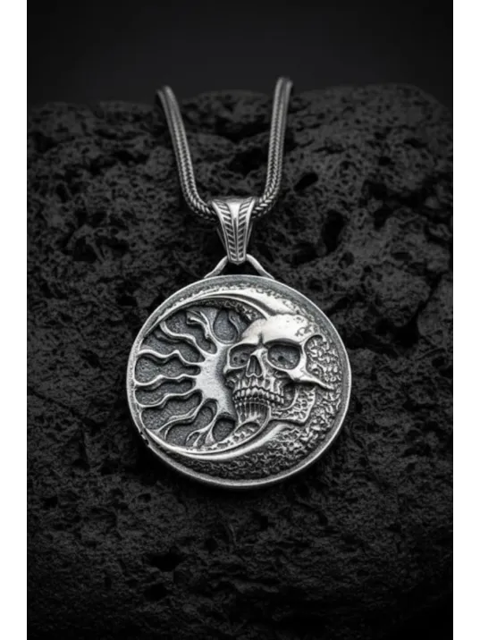 Erkek Gümüş Kolye - 925 Ayar Kabartmalı Güneş Ay ve İskelet Motif Tilki Kuyruğu Zincirli Erkek Kolye