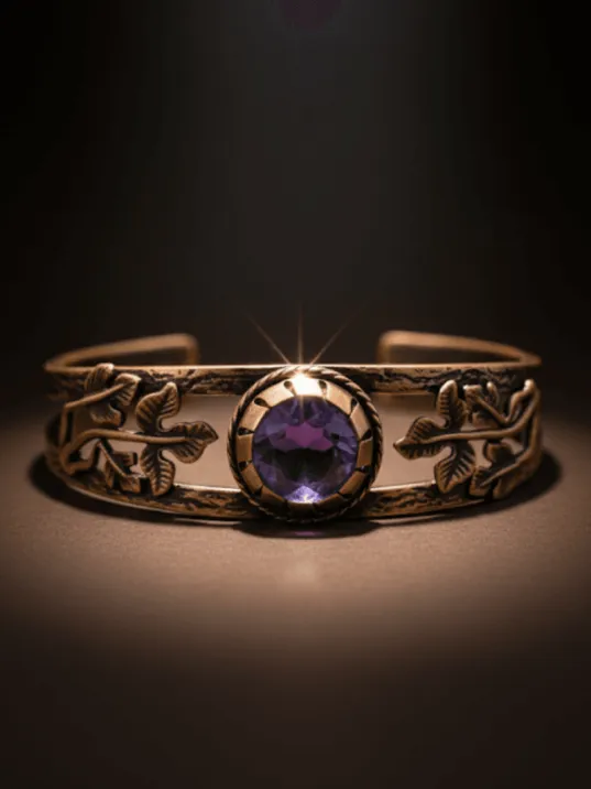 Mor Ametist Taşlı Antik Bakır Kadın Bileklik – Metal Kutu Ve Doğal Taşlar