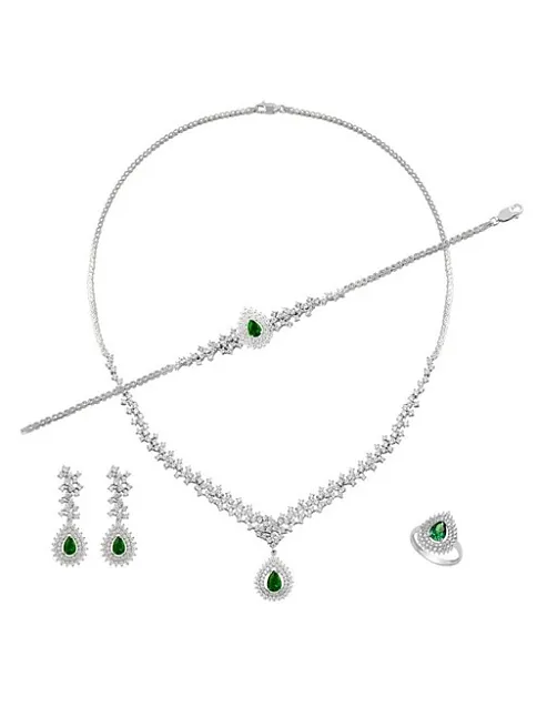 Çise Bayan Zümrüt Taşlı Gümüş Su Yolu Set - Kolye, Bileklik, Küpe, Yüzük